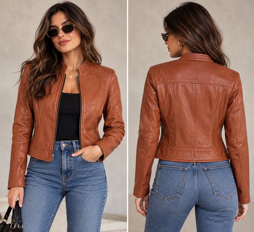 Women’s Real Leather Moto Jacket Tan Brown Size M NWT